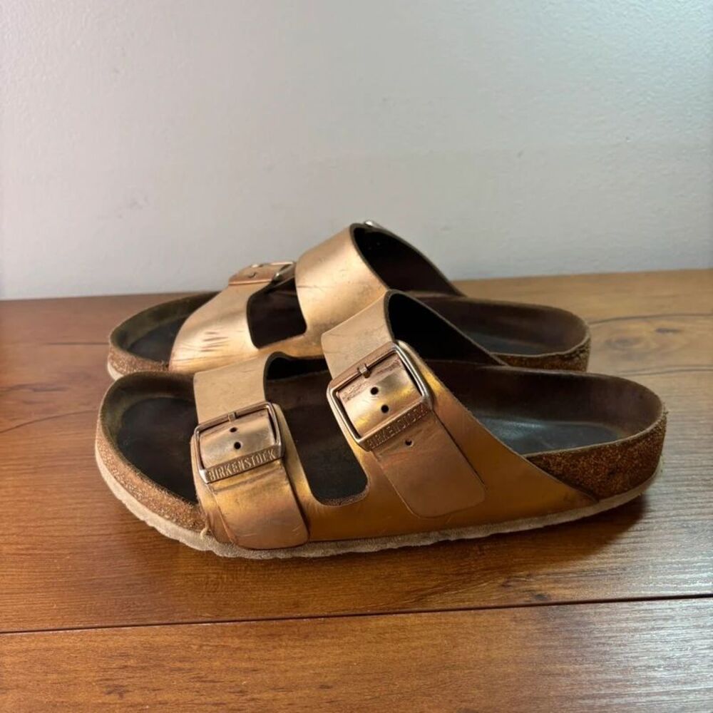 Birkenstock Arizona Sandals Womens 39 / 8-8.5 Metallic Copper Double Strap Slide
